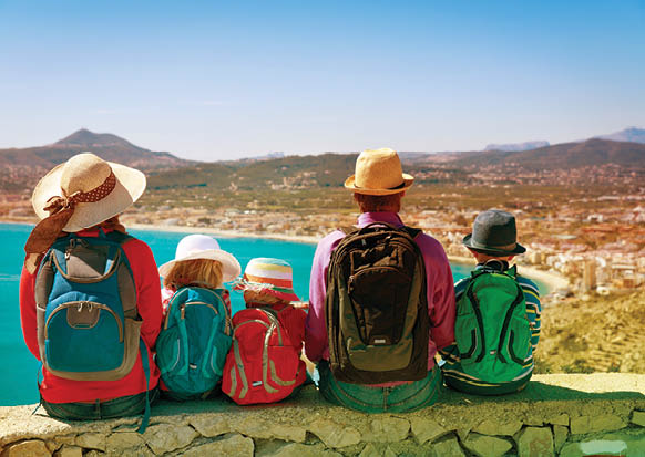 happy family with kids travel in Europe, Spain, looking at scenic view