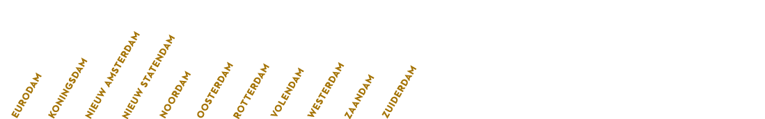 Eurodam Koningsdam Nieuw Amsterdam Nieuw Statendam Noordam Oosterdam Rotterdam Volendam Westerdam Zaandam Zuiderdam 